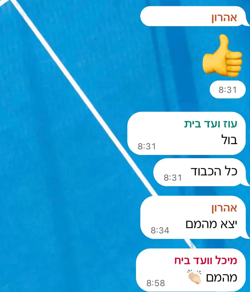 הודעות וואטסאפ. אהרון: אגודל למעלה. עוז, ועד בית: בול. כל הכבוד. אהרון: יצא מהמם. מיכל, ועד בית: מהמם.